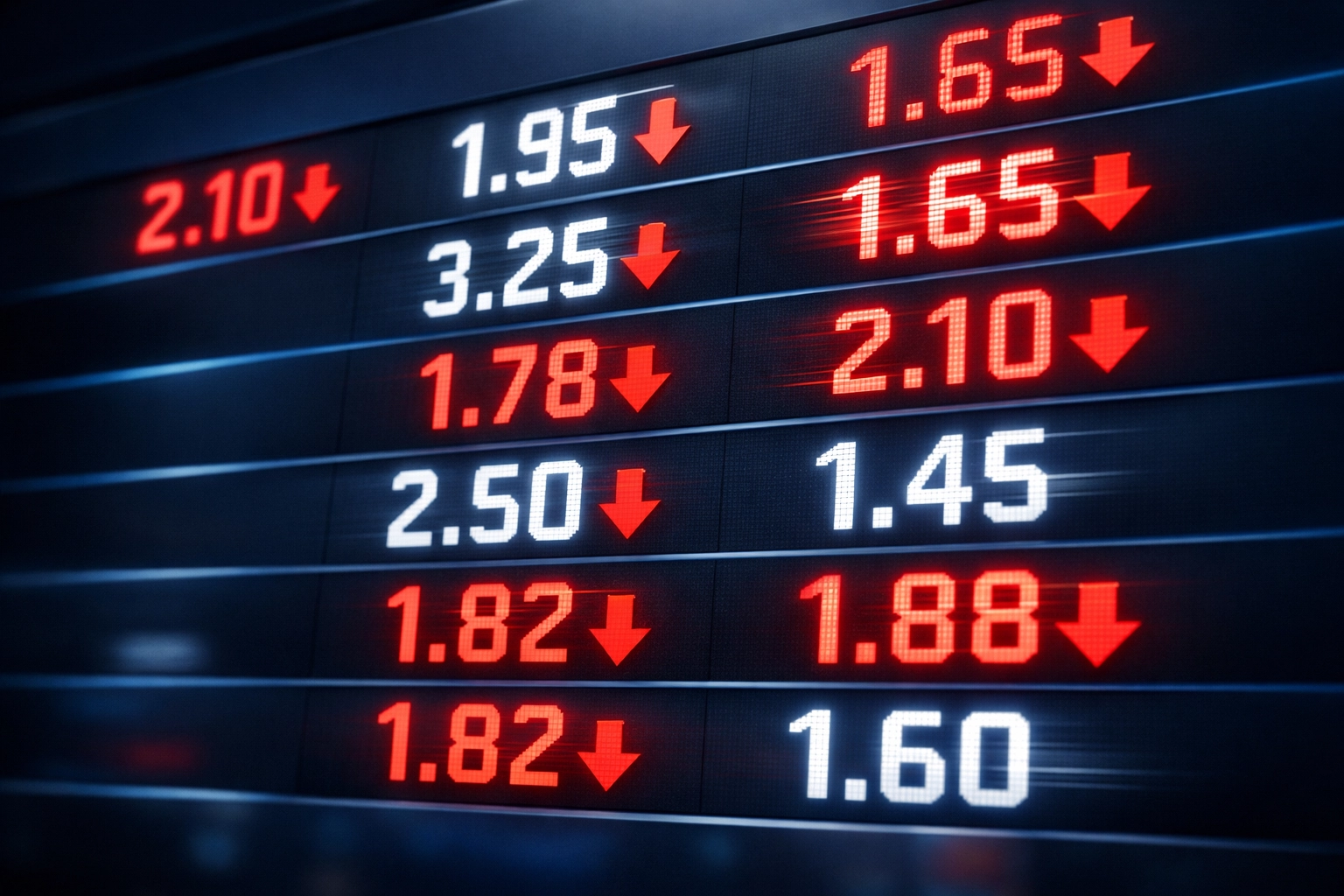 Fallende Wettquoten auf digitalem Display mit roten Pfeilen und sinkenden Werten