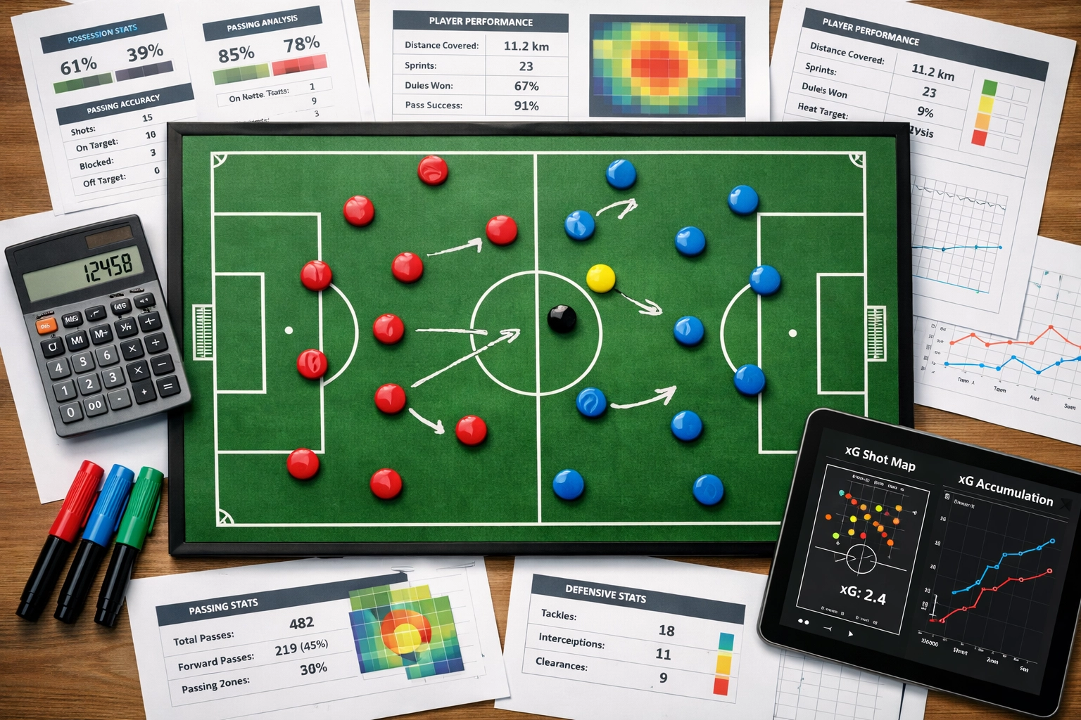 Taktische Spielfeldanalyse mit Aufstellung und statistischen Datenpunkten für BTTS