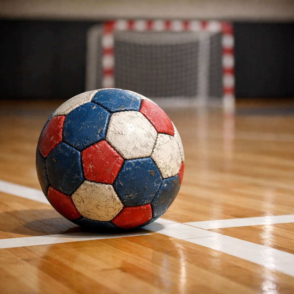 Handball auf Spielfeldboden mit Torlinien in professioneller Sporthalle