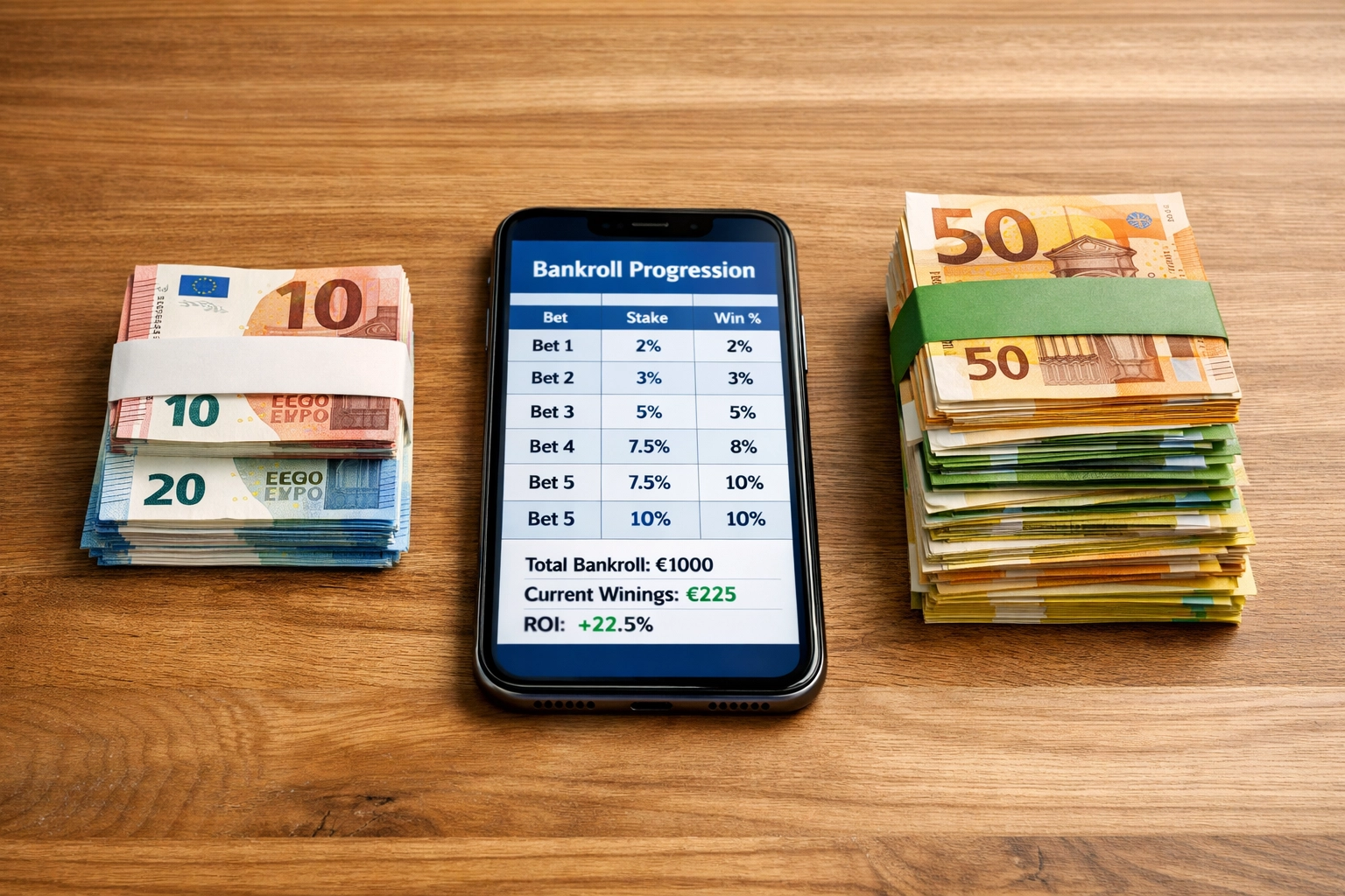 Einsatzstrategie mit Euro Banknoten und Smartphone zeigt prozentuale Bankroll Berechnung