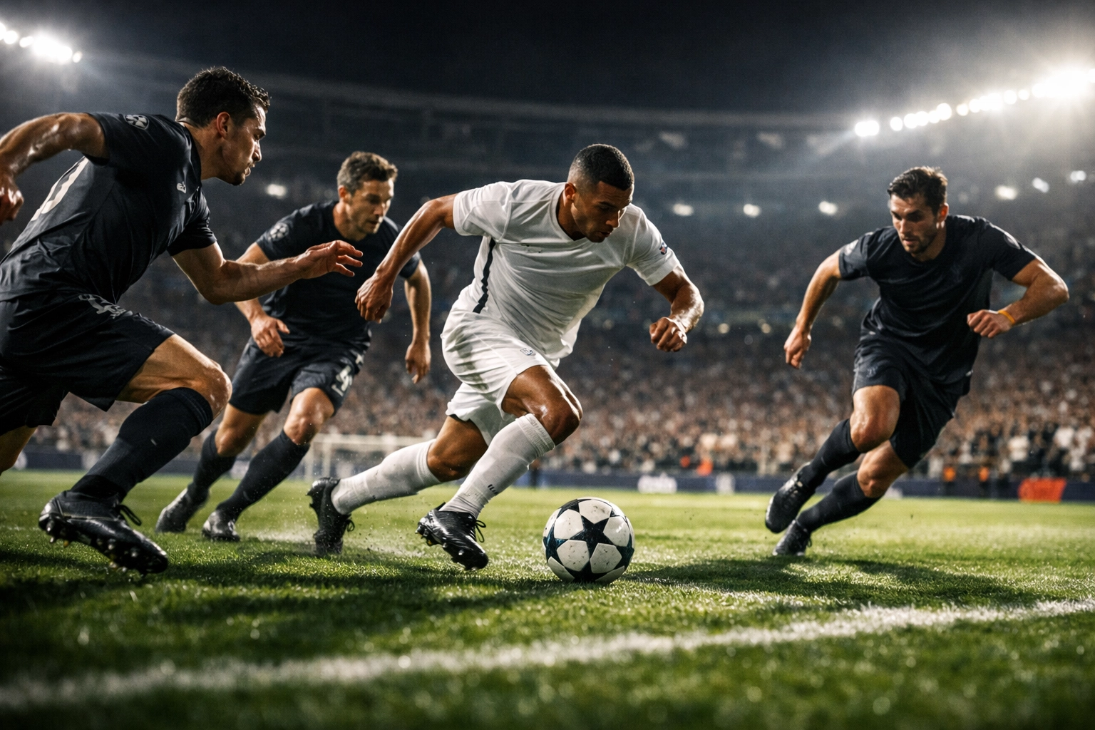 Hohes Pressing Champions League Spieler im Sprint taktische Intensität Zweikampf