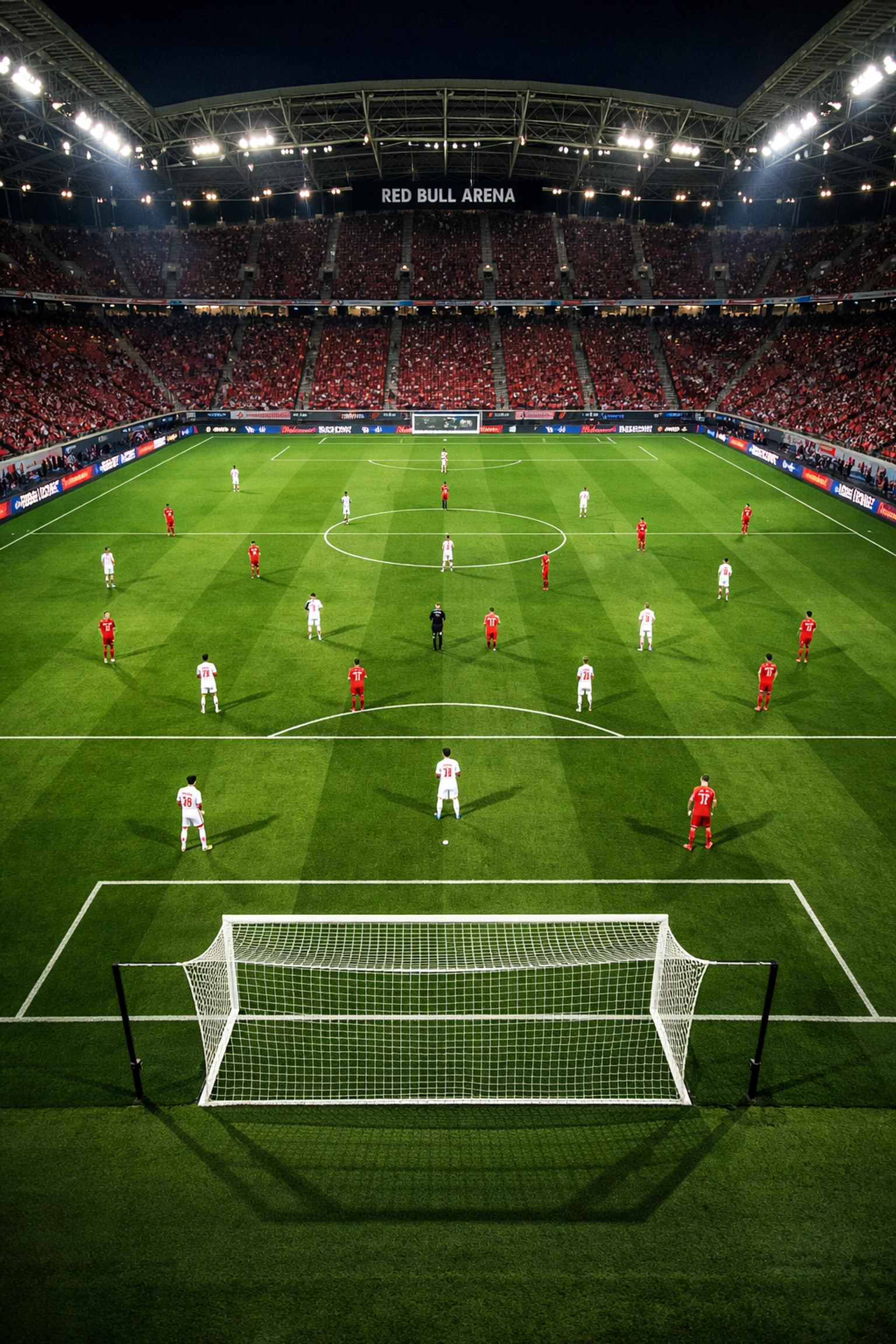 RB Leipzig Red Bull Arena Luftaufnahme mit taktischer Aufstellung der Mannschaft