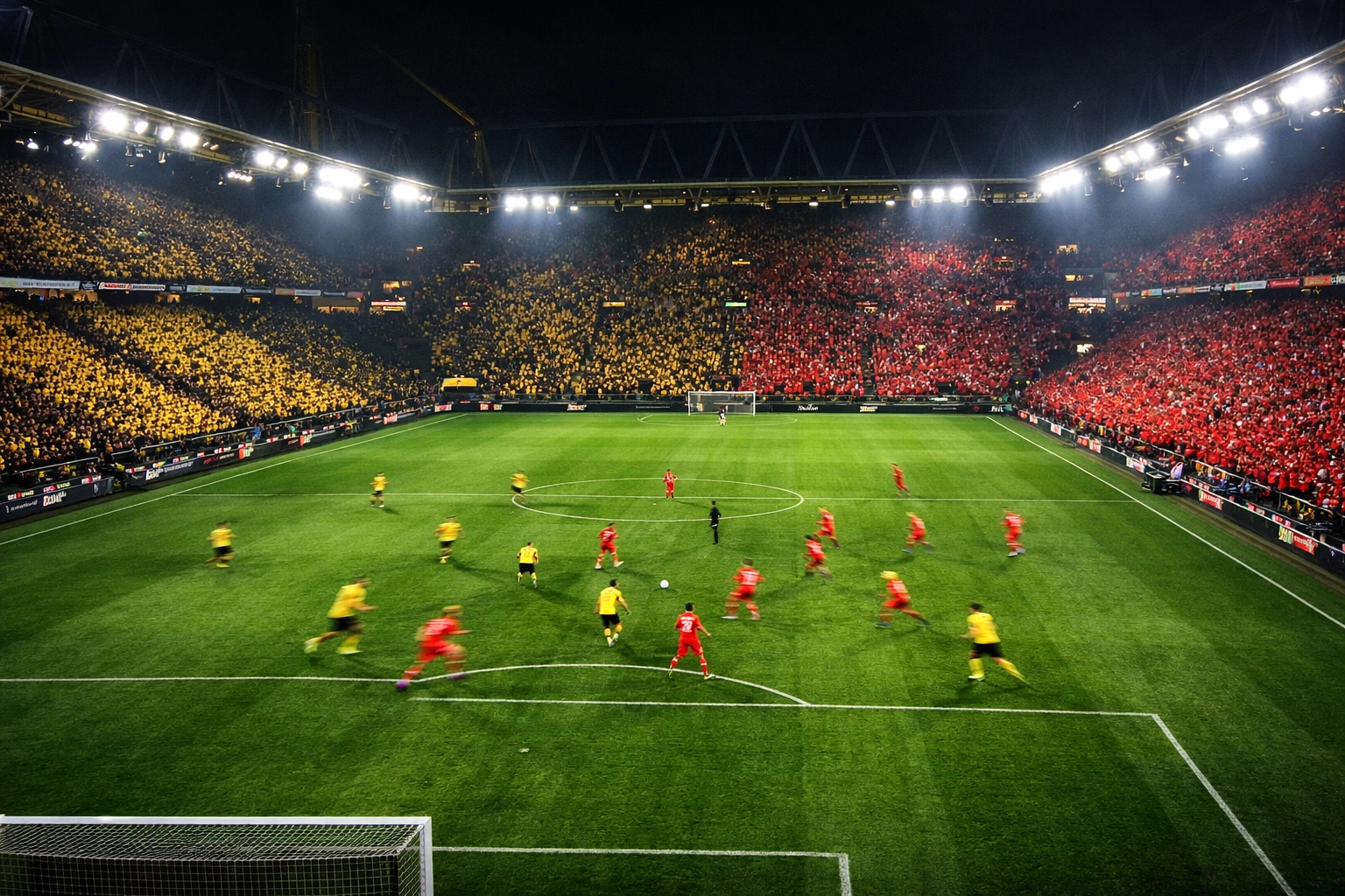 Bundesliga Stadion bei Nacht während Dortmund gegen Mainz mit Fans in Gelb-Schwarz und Rot
