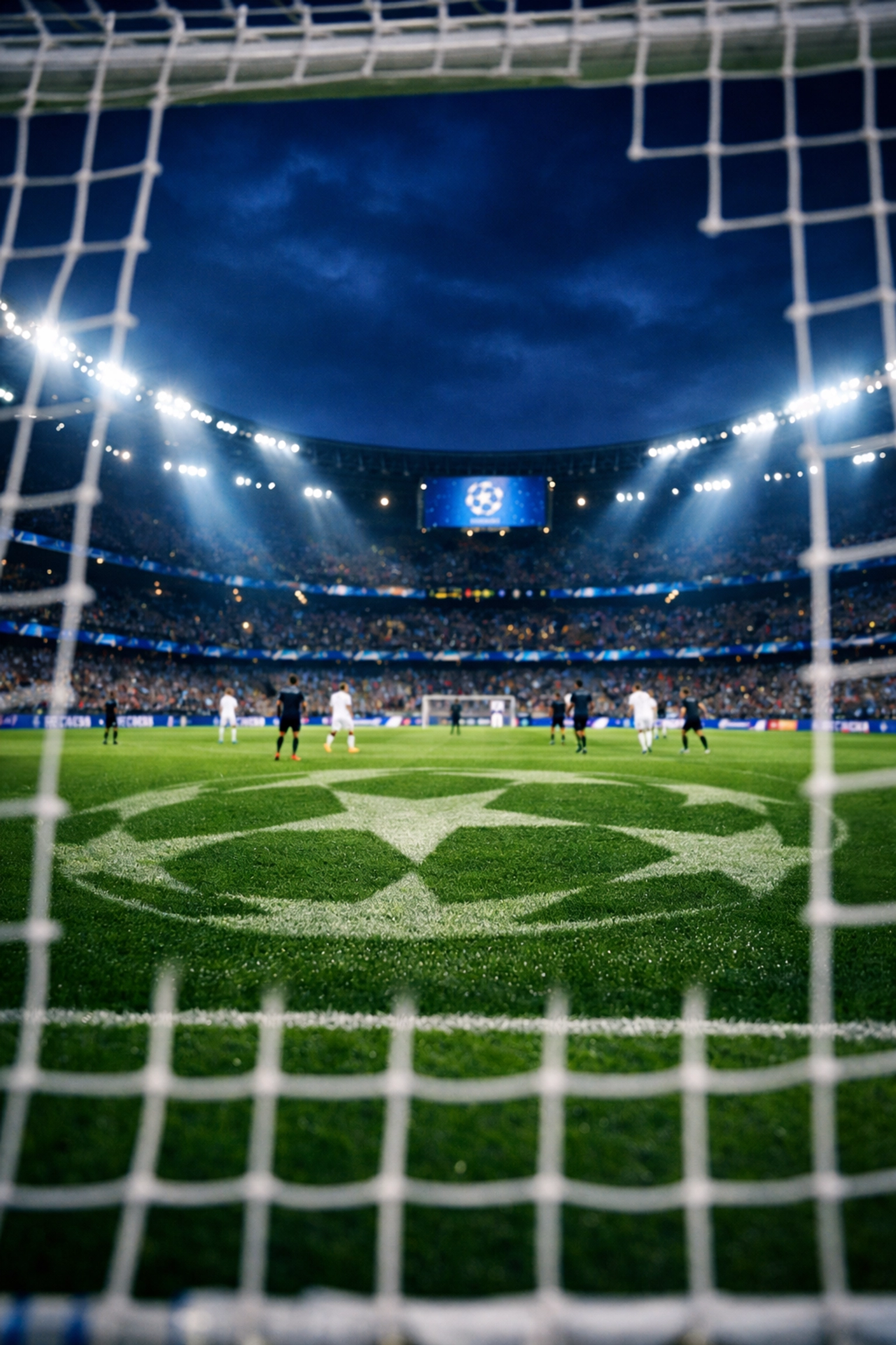 Champions League Stadion bei Nacht mit Flutlicht für die Achtelfinal-Spiele ab morgen