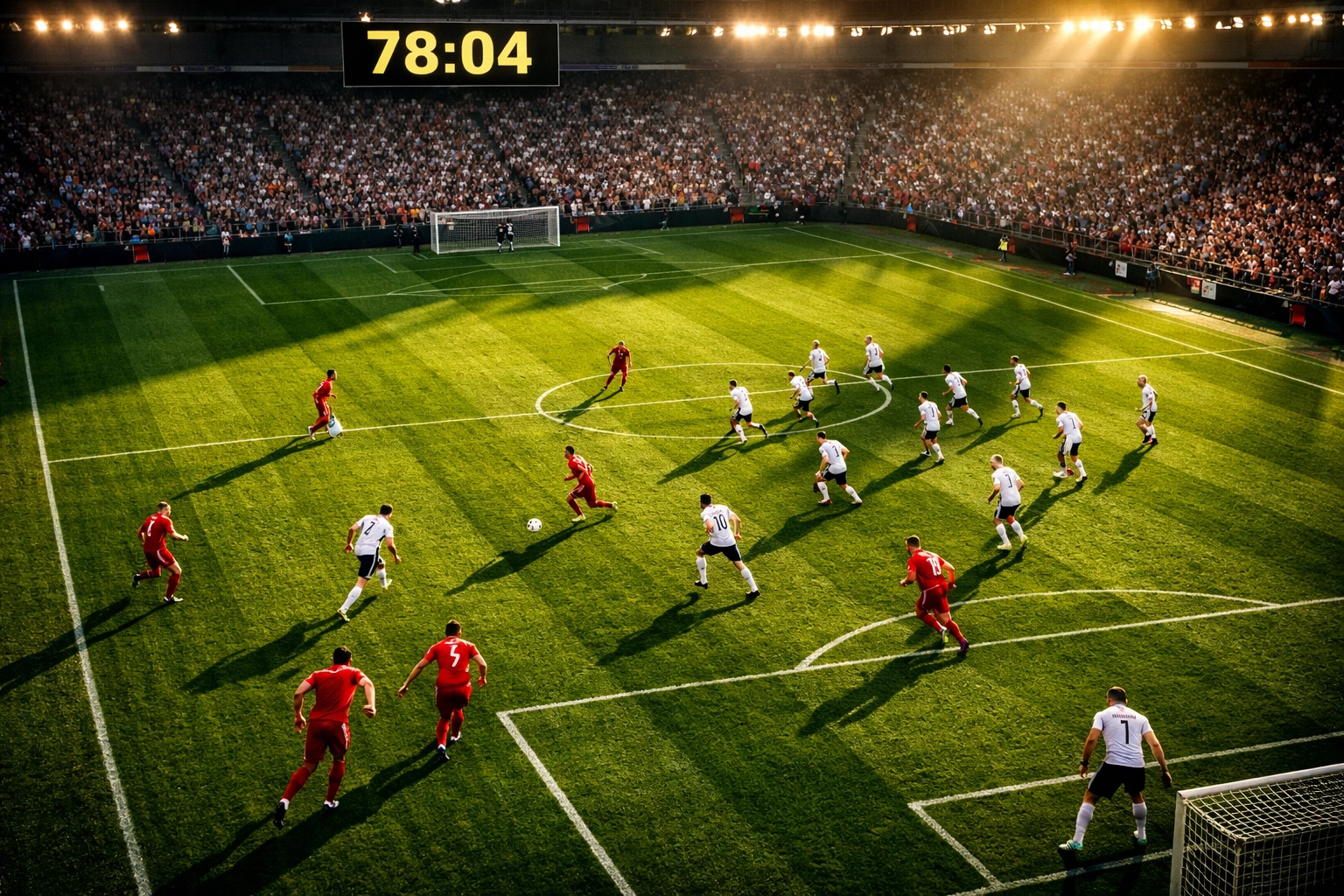 Intensive Schlussphase eines Fußballspiels mit taktischer Formation und Momentum-Verschiebung