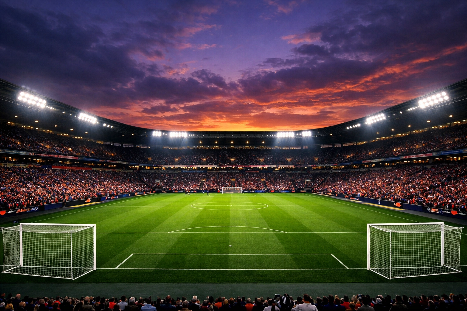 Premier League Stadion bei Flutlicht mit Zuschauern und perfektem Rasen