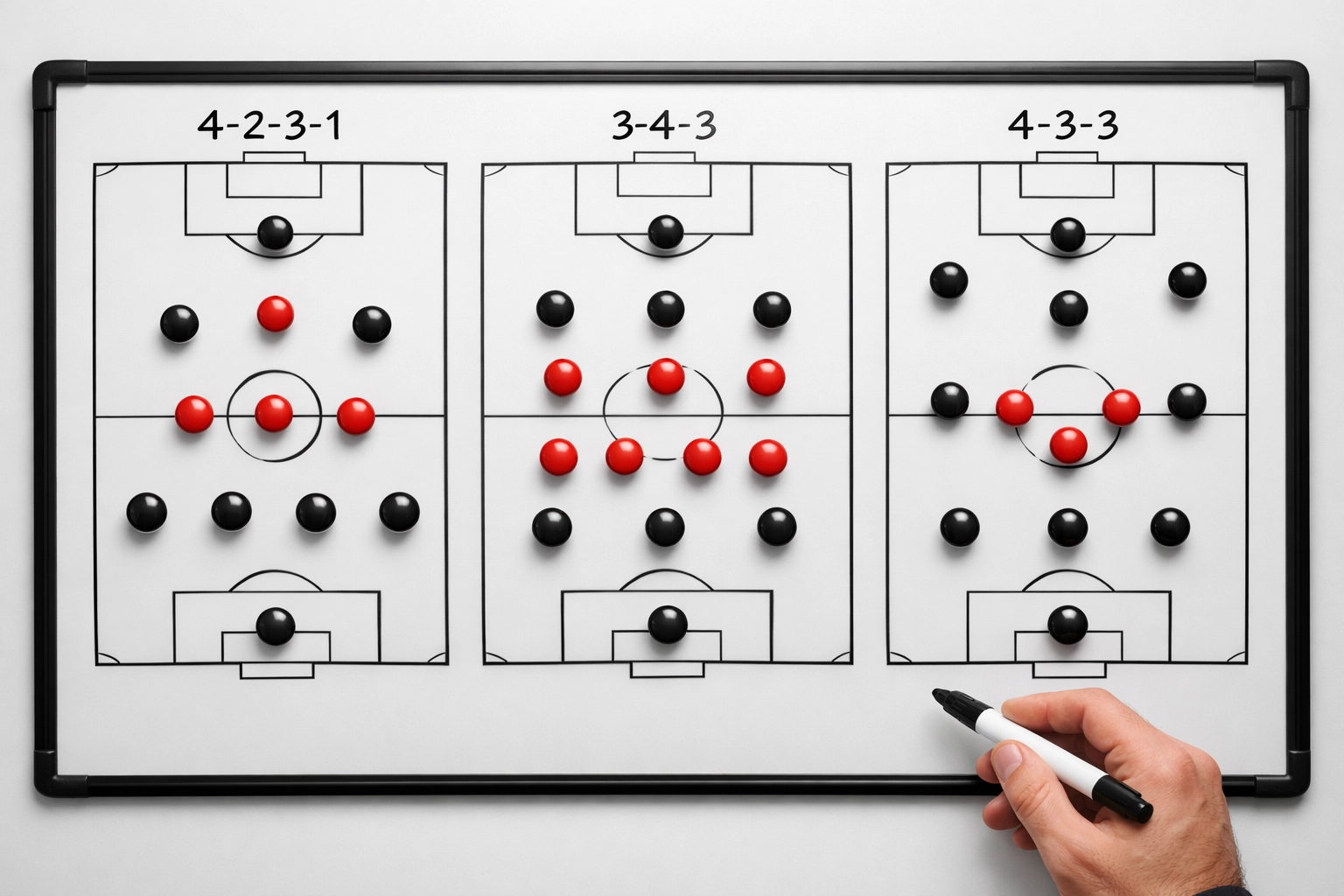 Taktiktafel mit Bundesliga Formationen 4-2-3-1, 3-4-3 und 4-3-3 im Vergleich