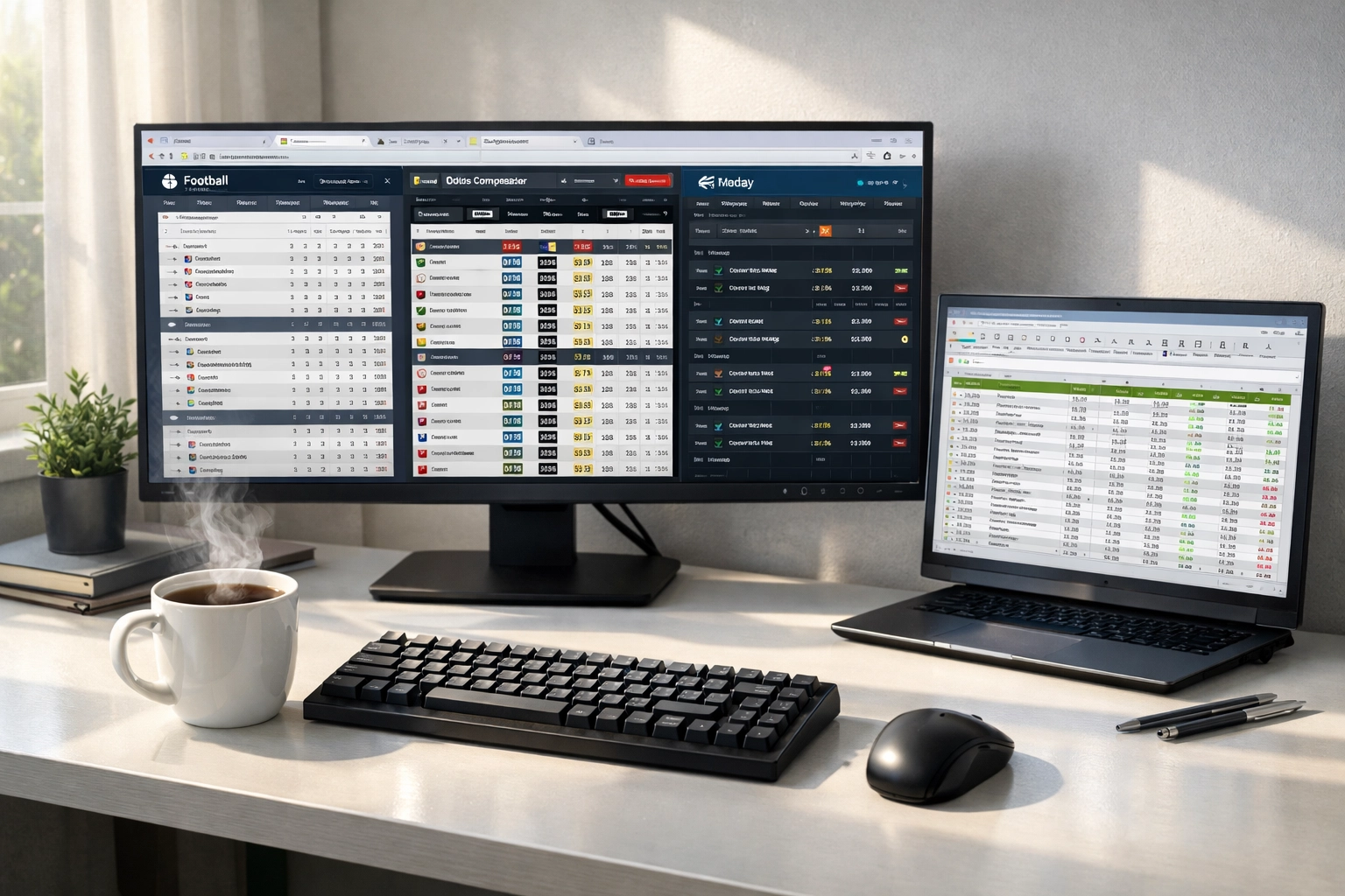 Tägliche Wett-Routine: Bildschirme zeigen Quotenvergleich und Statistiken für Fußball Prognosen