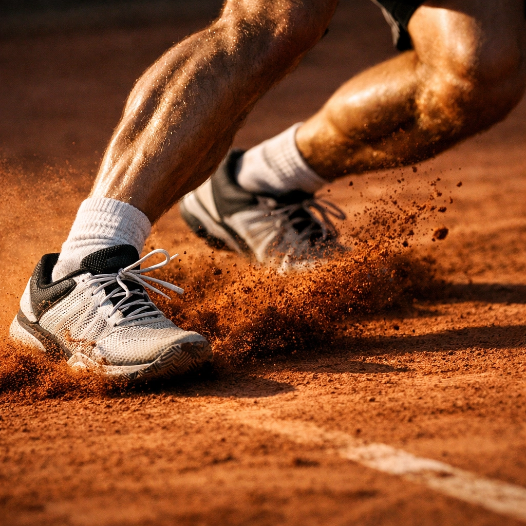 Detailaufnahme eines Tennis-Slides auf Sand zur Bewertung von Ermüdung und physischer Leistungsfähigkeit.