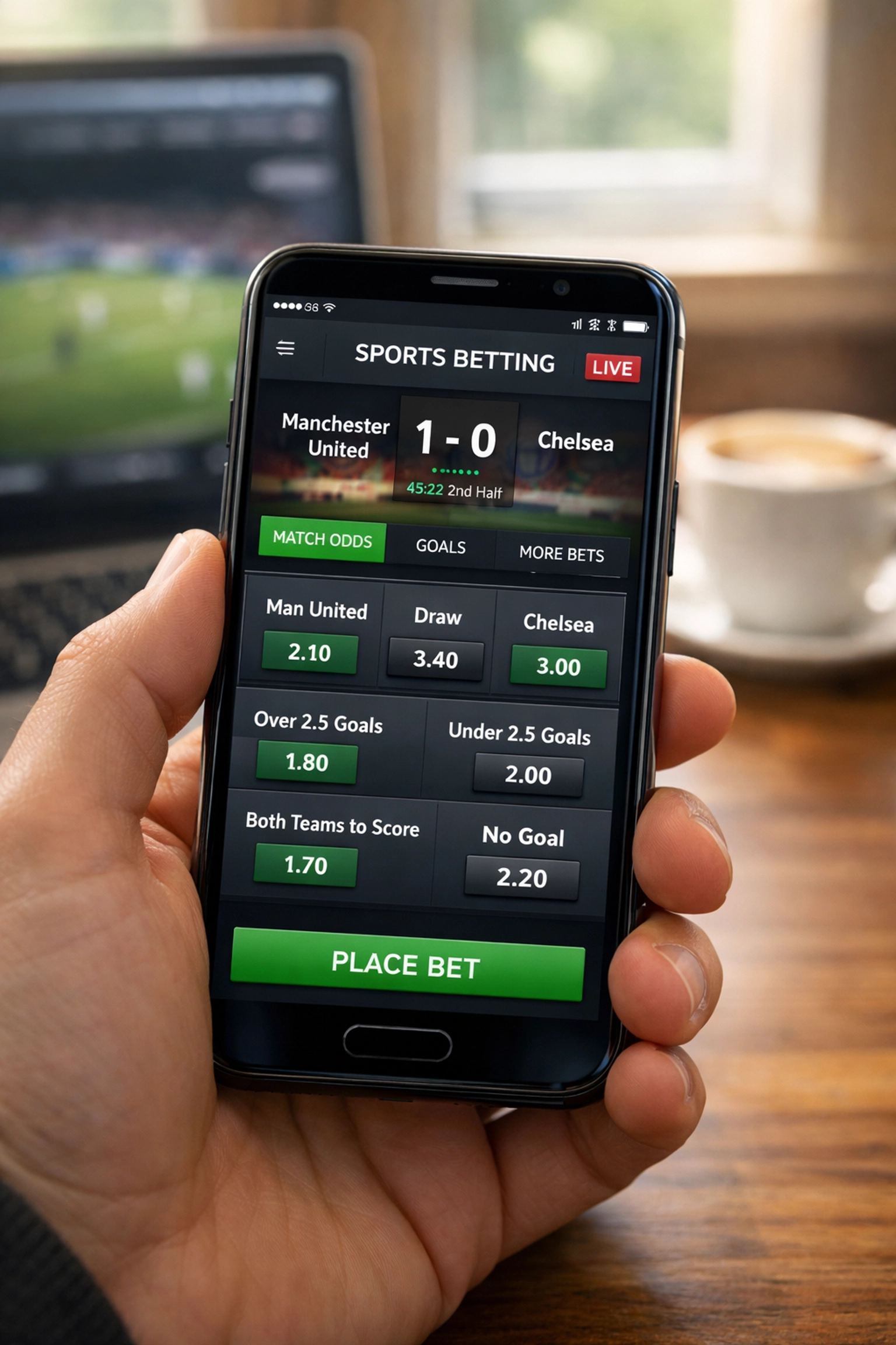 Sportwetten App auf Smartphone zeigt Live-Wetten und Quoten für Fußballspiele