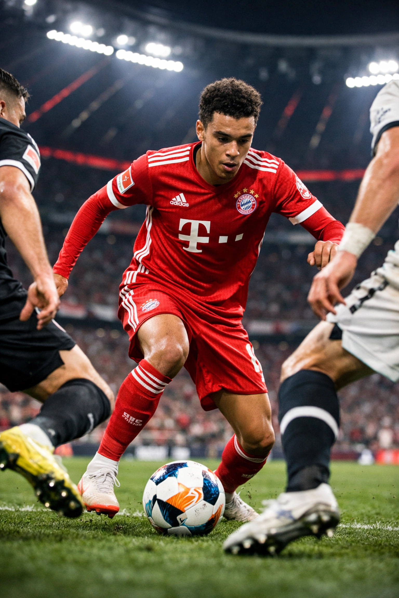 Jamal Musiala im Bayern München Trikot beim Dribbling in der Bundesliga
