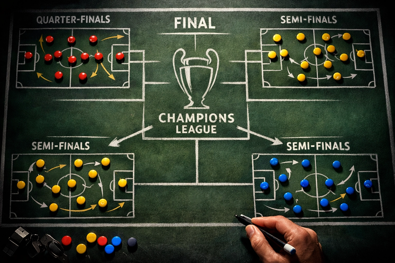Taktiktafel mit Champions League Formationen und Spielzügen für die K.o.-Phase