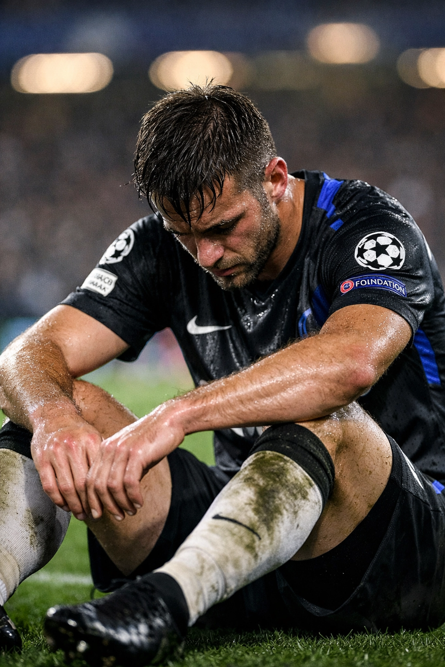 Erschöpfter Fußballspieler nach intensivem Champions-League-Match mit Pressing