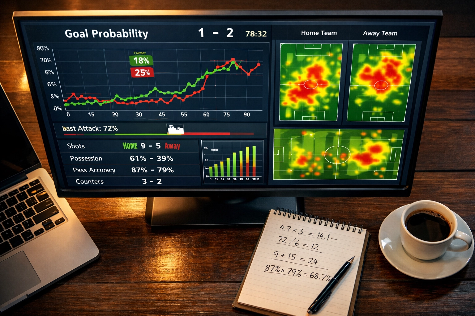 Sportwetten Analyse Arbeitsplatz mit Fußballstatistiken und Datenauswertung für Over 2.5 Strategie