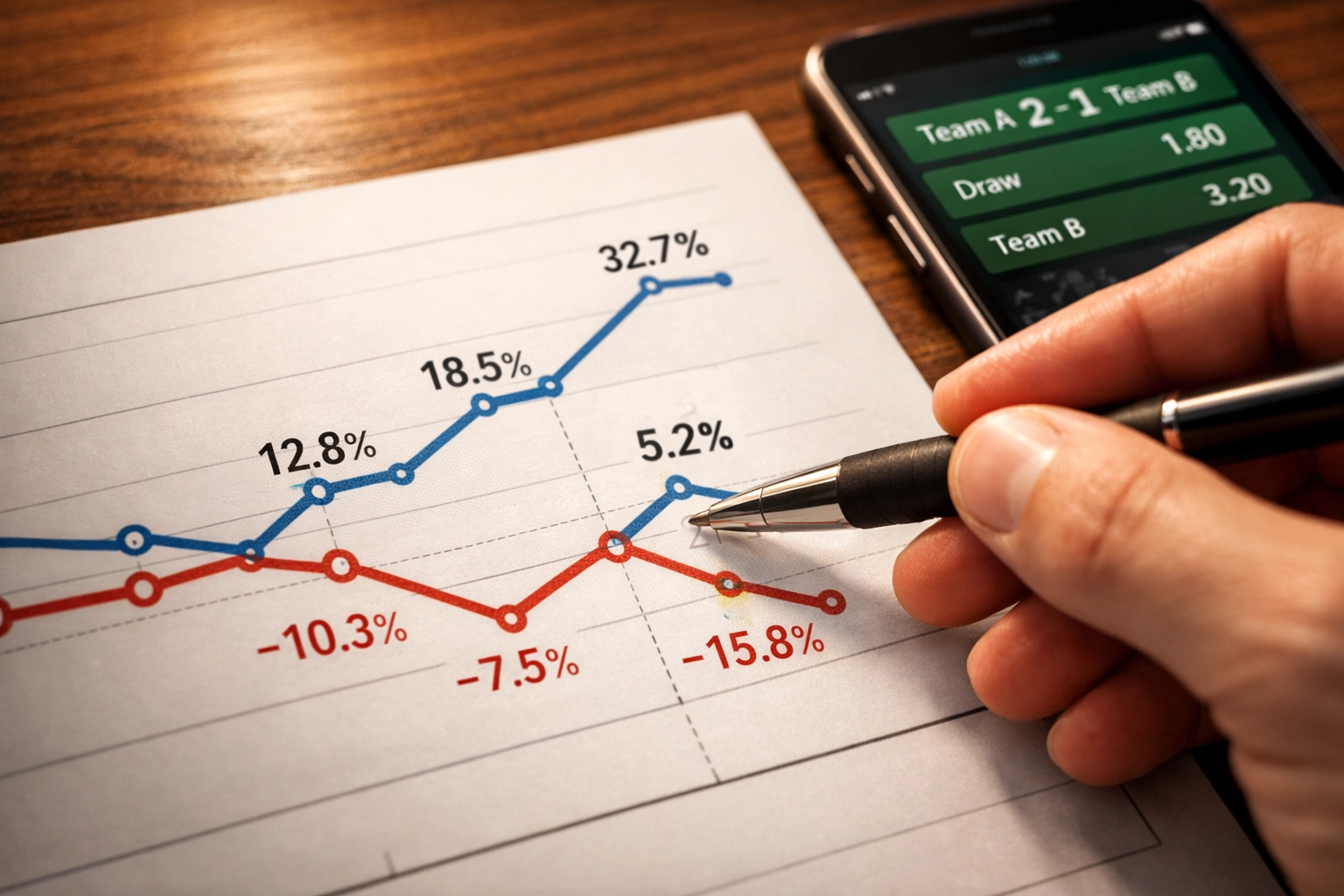 Quotenvergleich und Analyse von Wetttrends mit Diagrammen und Daten auf dem Schreibtisch