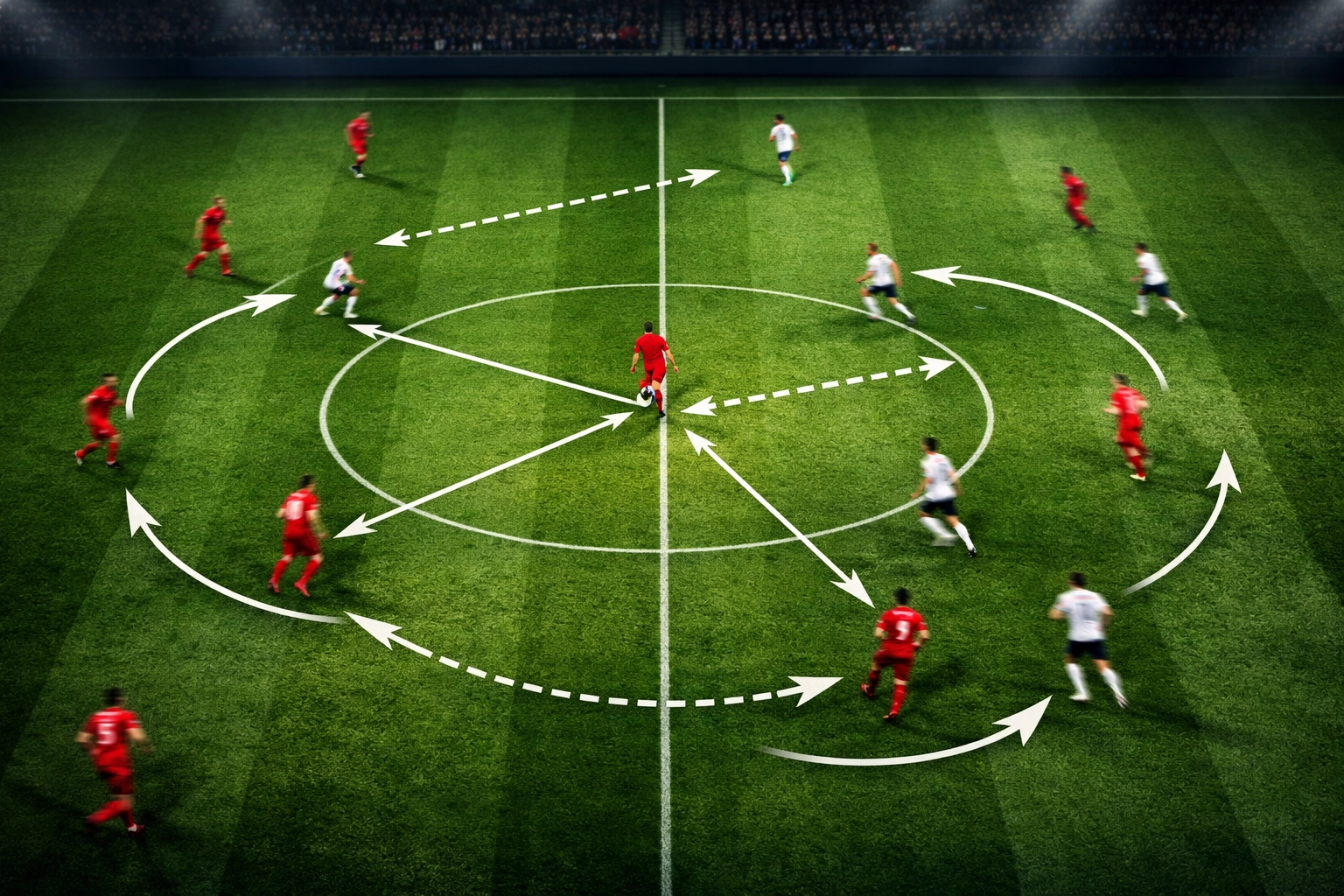 Bundesliga Mittelfeld Taktikanalyse mit Passlinien und Spielerbewegungen auf dem Spielfeld