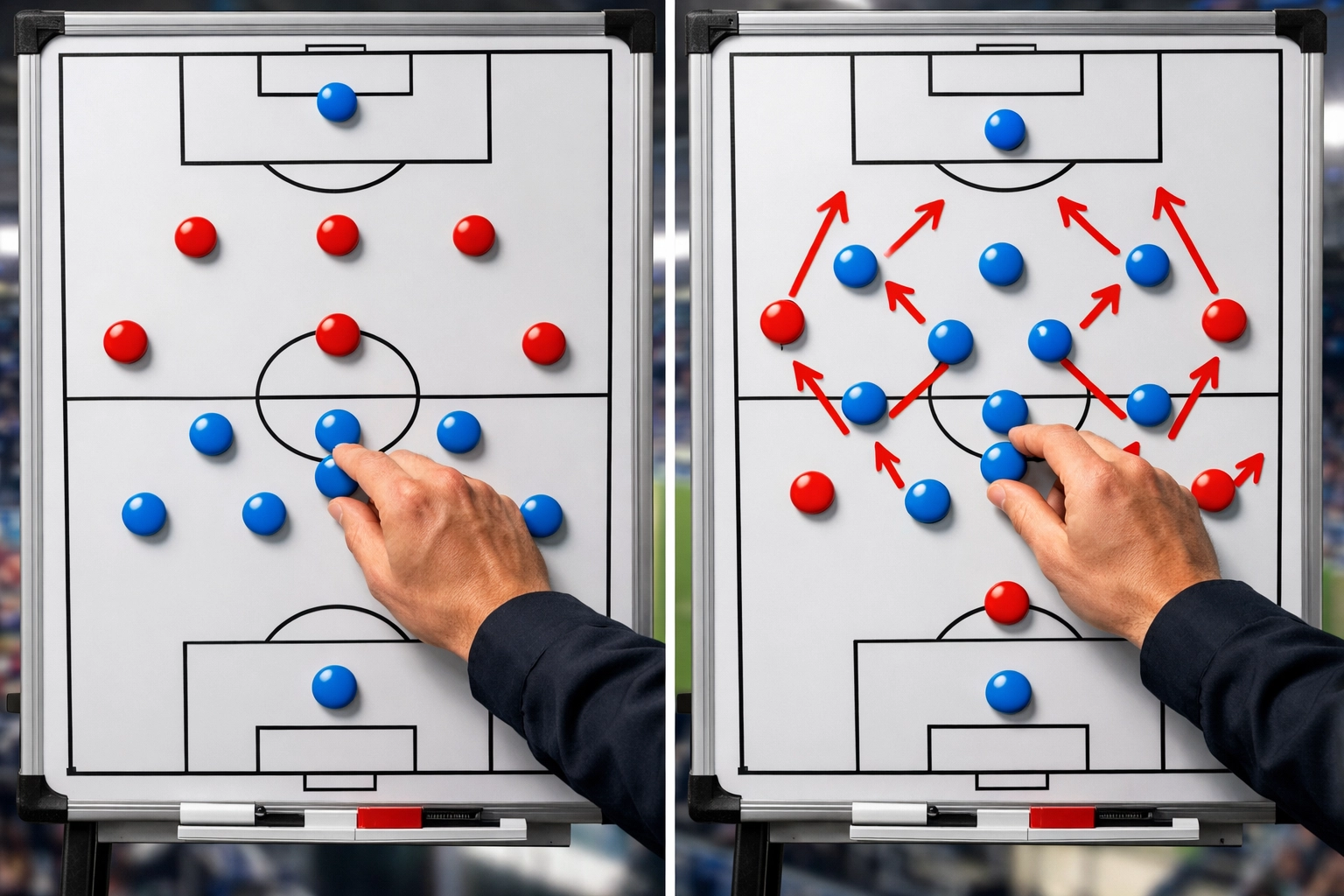 Taktiktafel zeigt Halbzeit-Anpassungen der Formationen und Pressinglinien eines Trainers