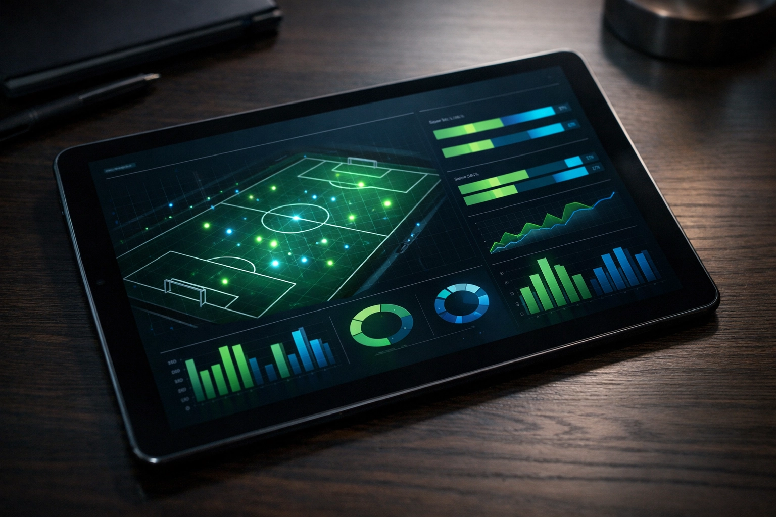 Statistische Datenanalyse auf einem Tablet zur Bundesliga Prognose und Wahrscheinlichkeitsberechnung.
