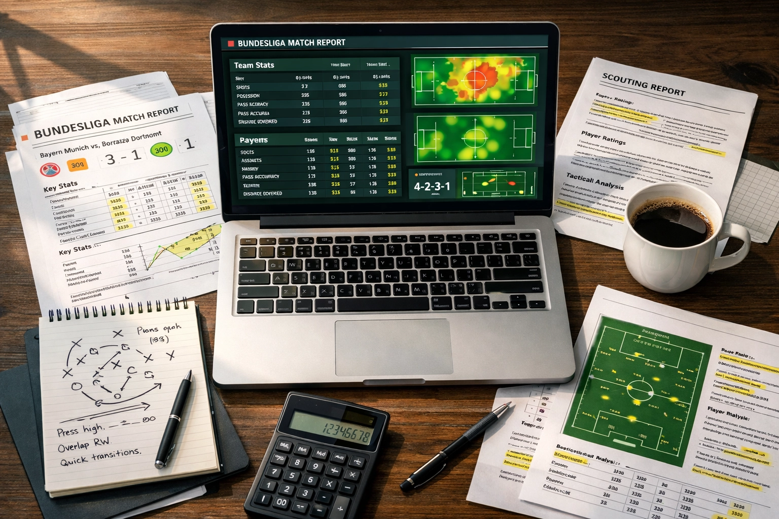 BTTS-Analyse Arbeitsplatz mit Bundesliga-Statistiken und Fußballdaten auf Laptop