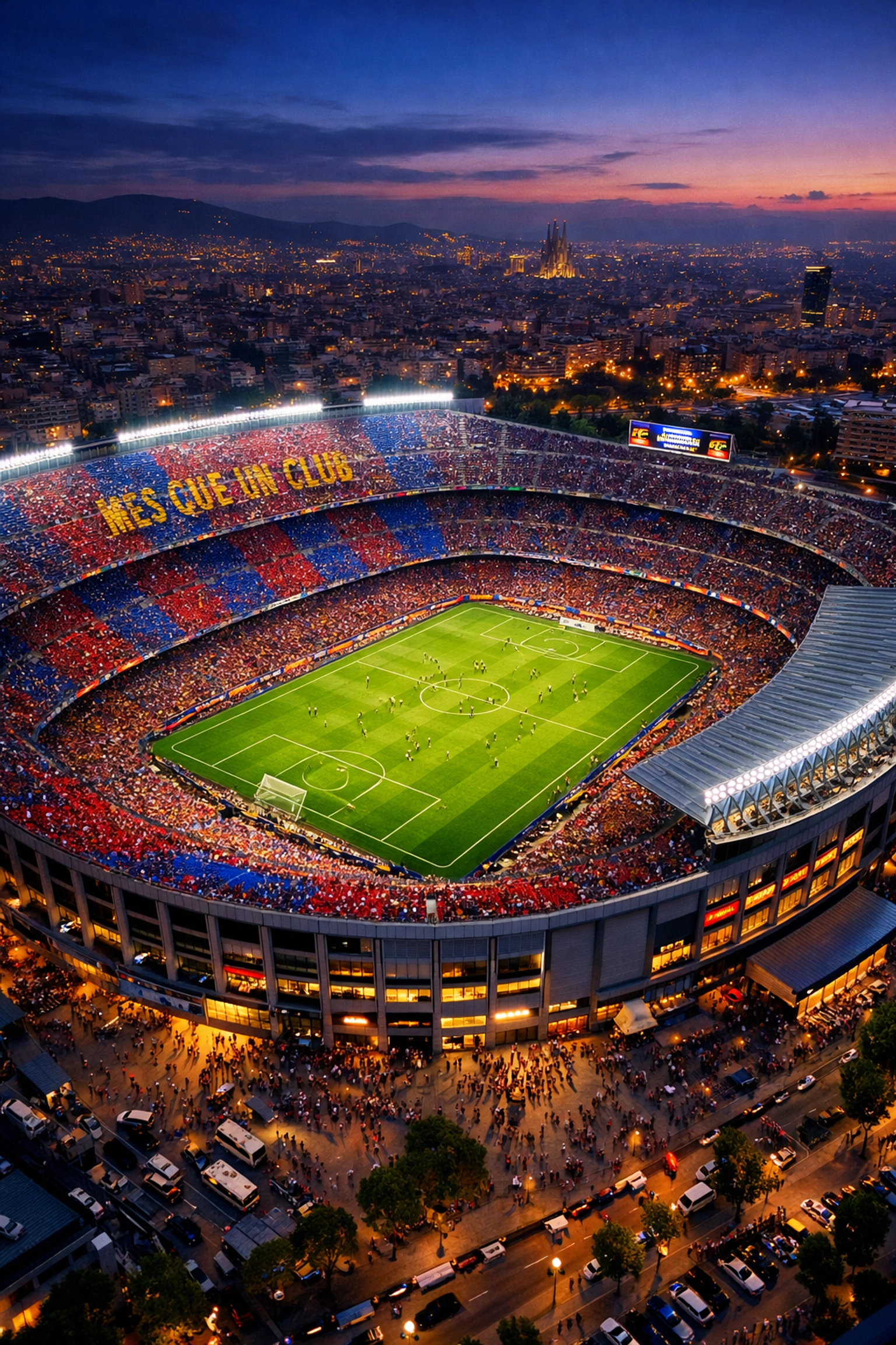 Camp Nou Stadion während Barcelona Heimspiel mit Blick auf die beleuchtete Spielfläche