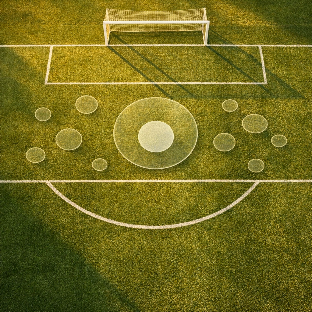 Fußballfeld mit visualisierten xG-Werten verschiedener Schusspositionen im Strafraum
