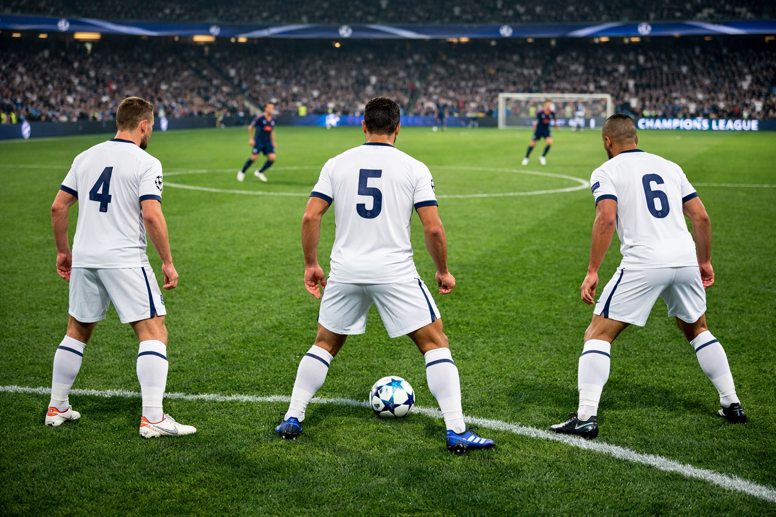 Drei Innenverteidiger einer Champions League Mannschaft im Spielaufbau