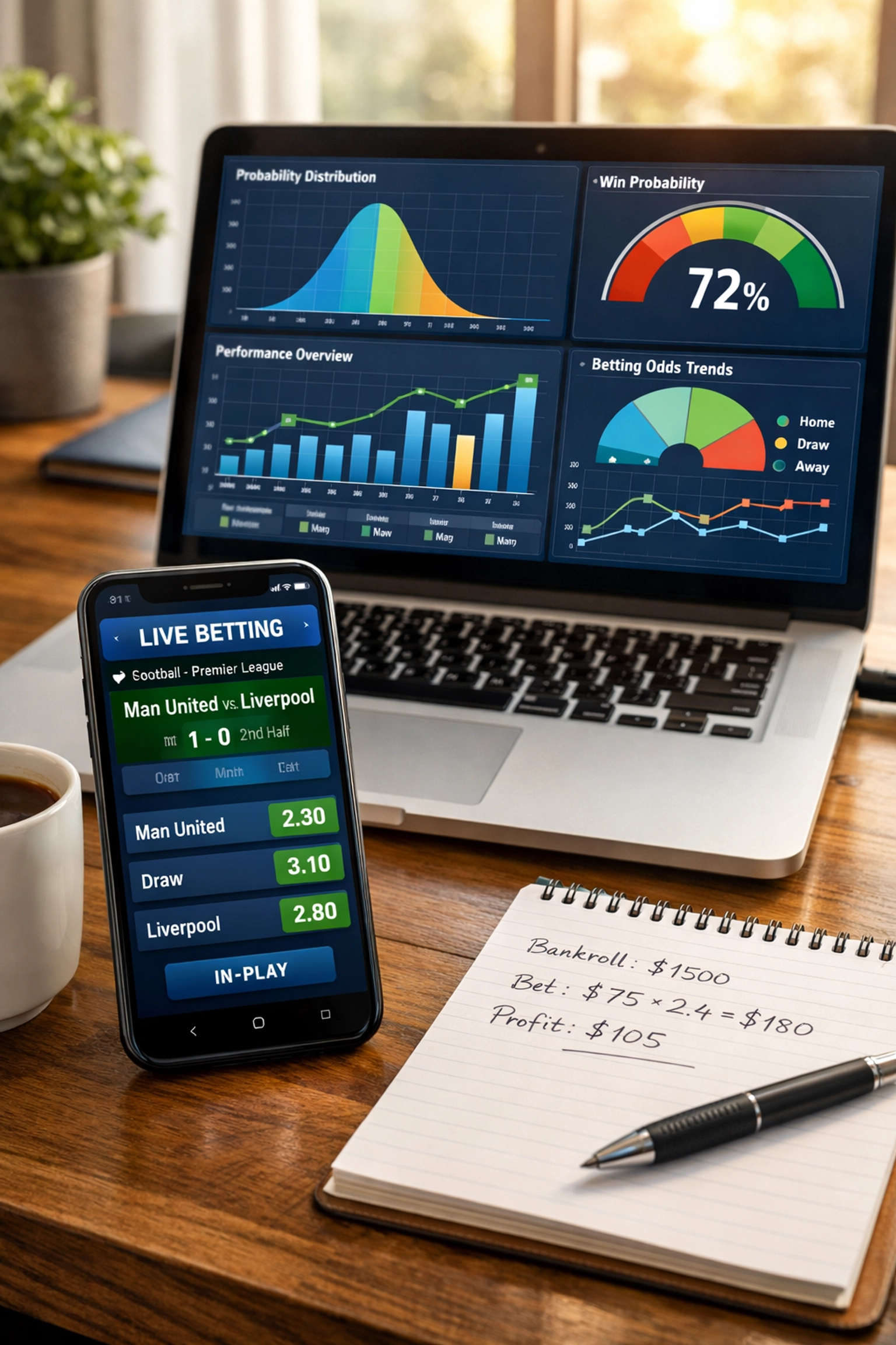 Professionelles Sportwetten-Analyse-System mit Daten-Dashboard und Live-Quoten auf Laptop