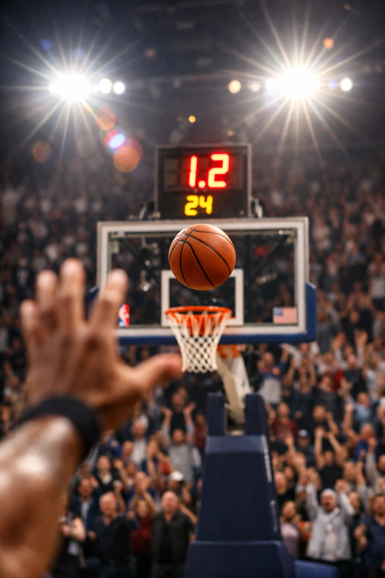 Basketball buzzer-beater shot in final seconds of NBA game