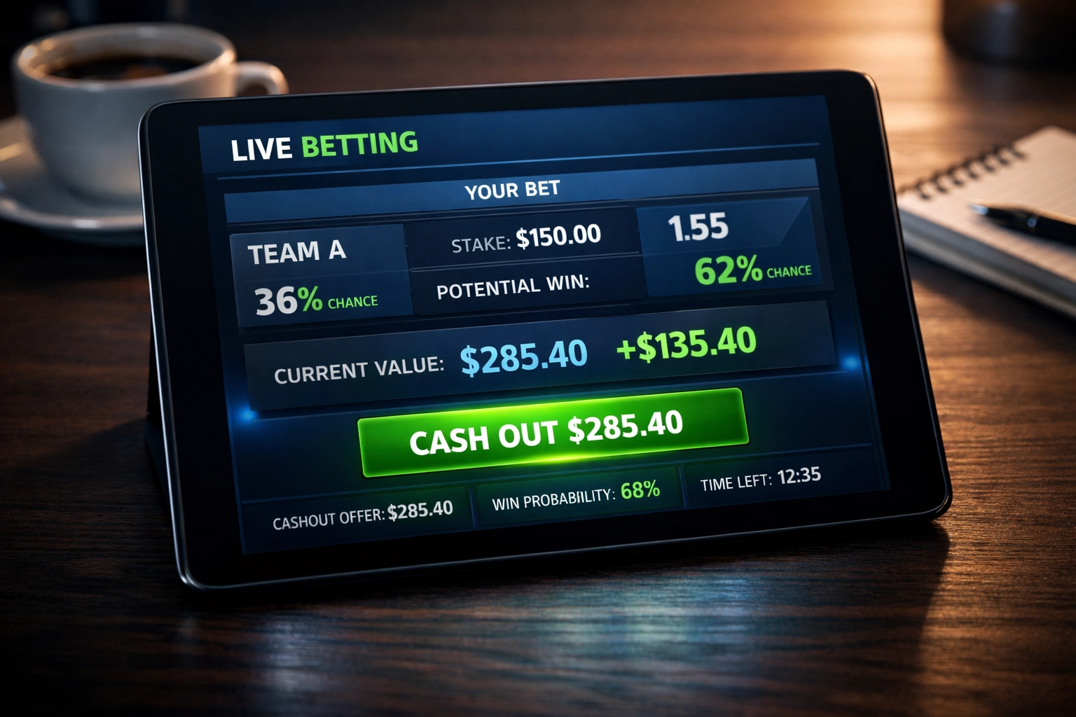 Digitales Dashboard zeigt Cash Out Berechnung mit Live-Wettquoten und Wahrscheinlichkeiten