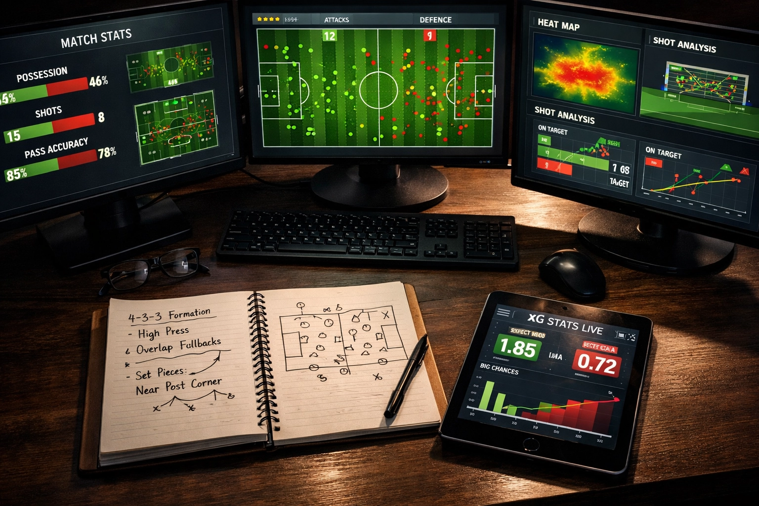 Datenanalyse für BTTS-Prognosen mit Fußballstatistiken und xG-Daten auf mehreren Monitoren