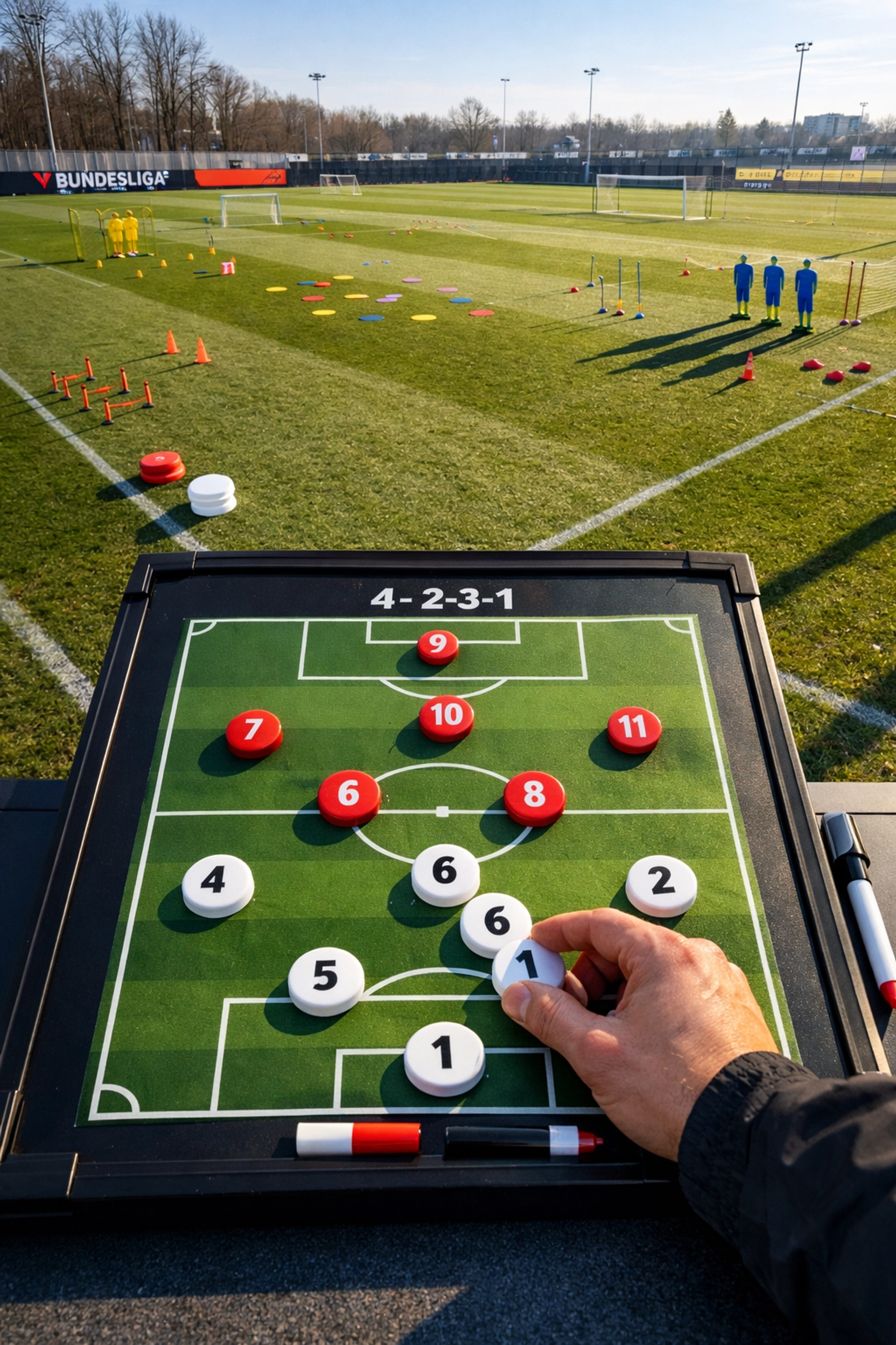 Bundesliga Taktiktafel zeigt 4-2-3-1 Formation auf Trainingsplatz mit taktischen Markierungen