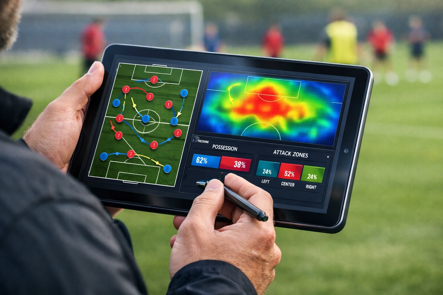 Fußballtrainer analysiert taktische Formationen und Heatmaps auf Tablet