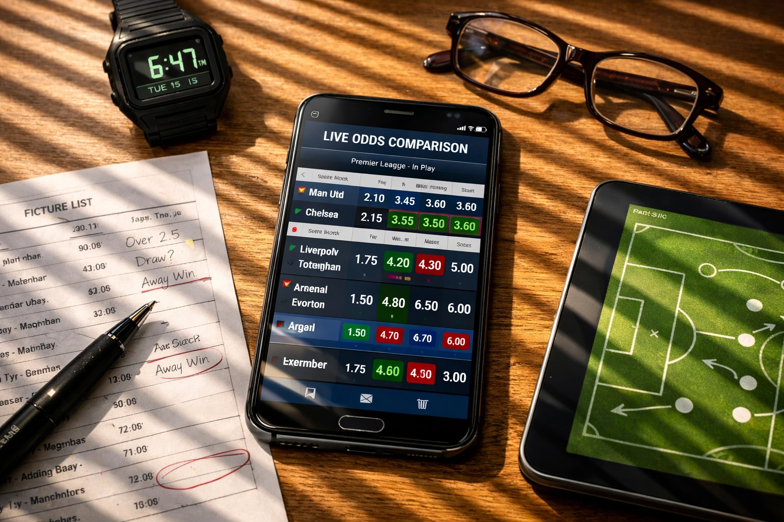 Early morning football betting preparation with odds comparison app and match fixtures