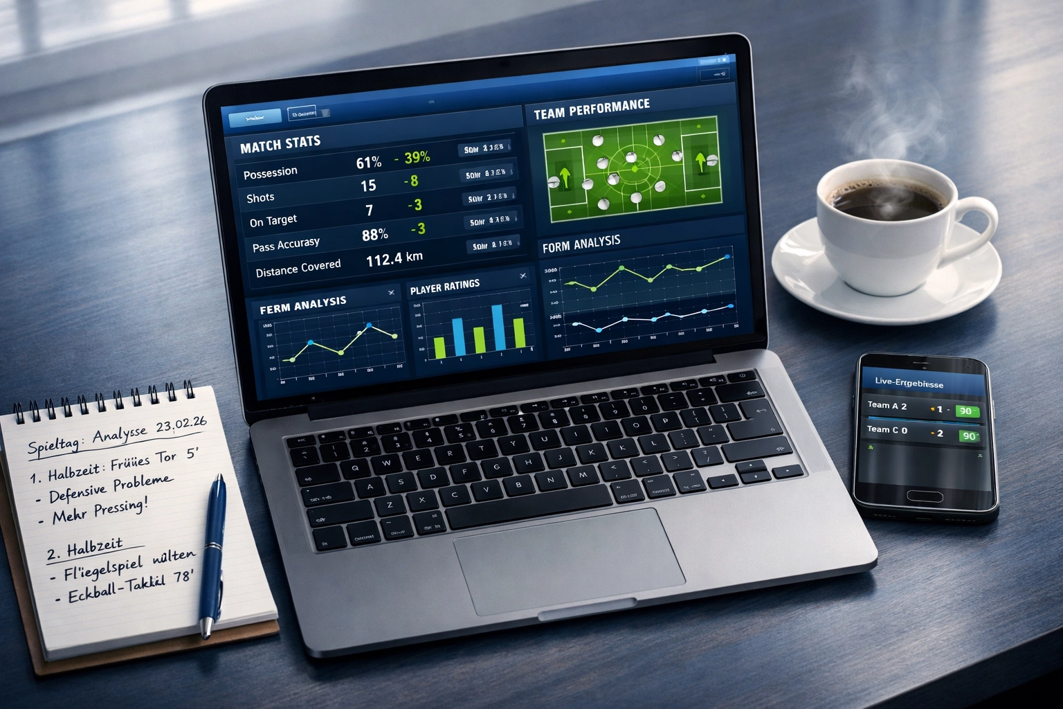 Laptop mit Fußballstatistiken und Notizen für professionelle Spieltagsanalyse