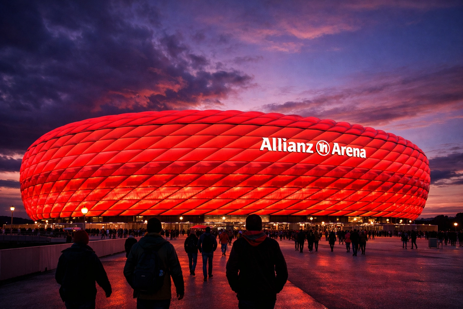 Allianz Arena Stadion bei Nacht vor einem wichtigen Bayern München Bundesliga-Spiel