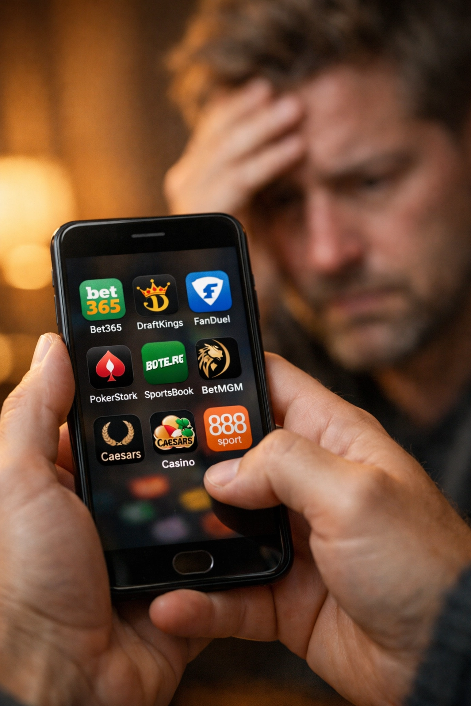 Smartphone zeigt Wett-Apps – Symbol für Glücksspielsucht und problematisches Spielverhalten