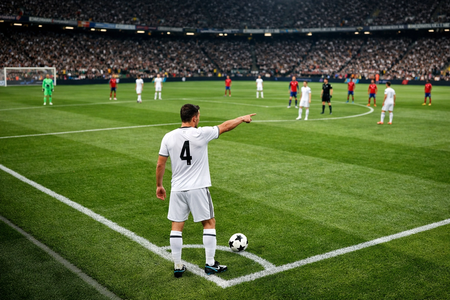 Ein Verteidiger führt einen tiefen Freistoß aus, um die gegnerische Abwehr taktisch zu überraschen.