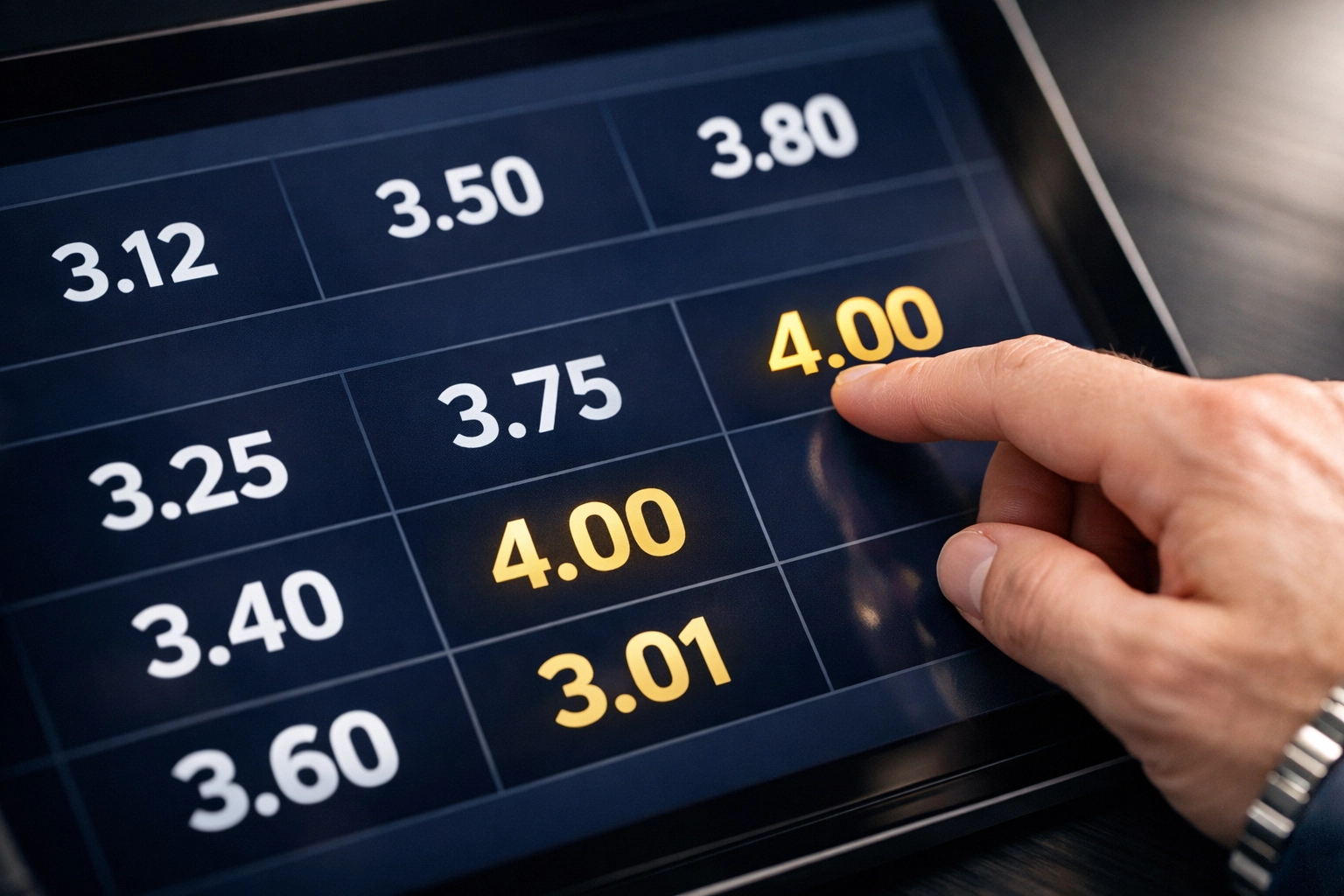 Quotenbereich 3,01 bis 4,00 auf Tablet-Display – der profitabelste Bereich bei fallenden Quoten