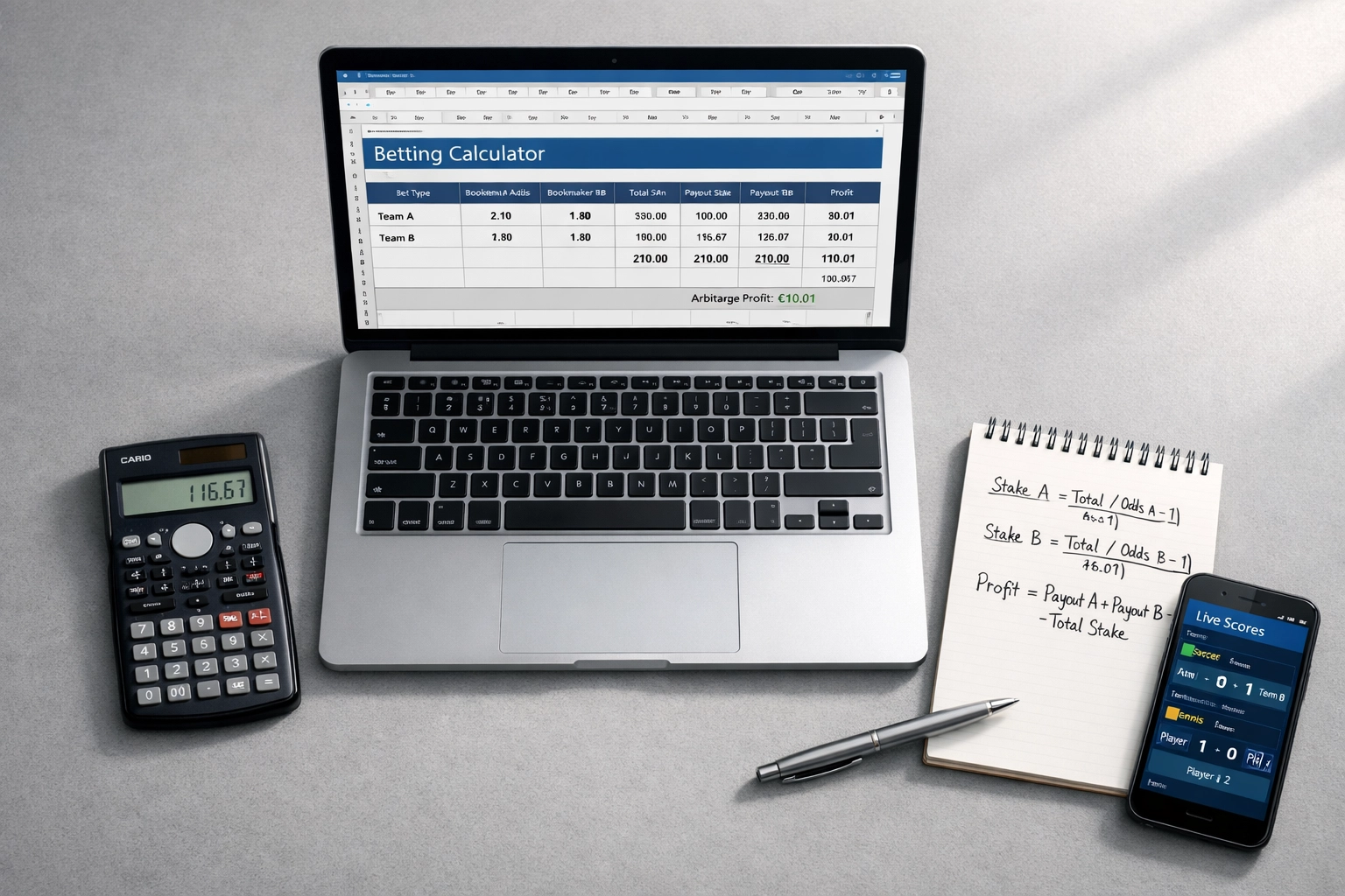 Arbeitsplatz für Surebet Kalkulation mit Laptop, Taschenrechner und Sportwetten Berechnungen