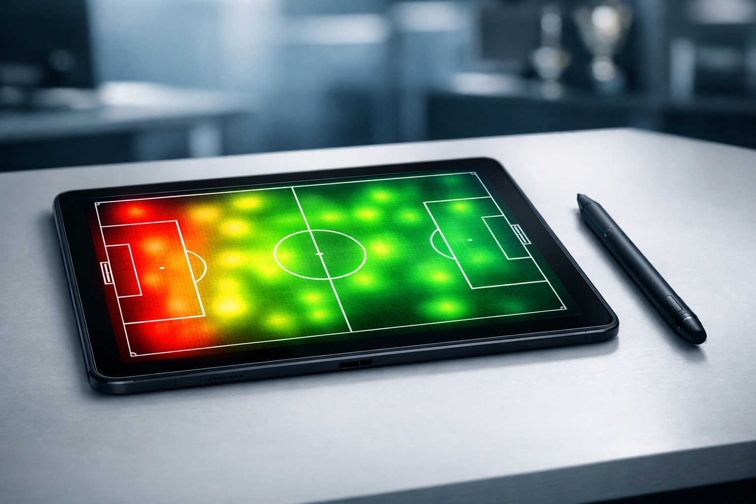 Fußball-Heatmap auf einem Tablet zur Visualisierung von Schwachstellen in der Kaderanalyse.