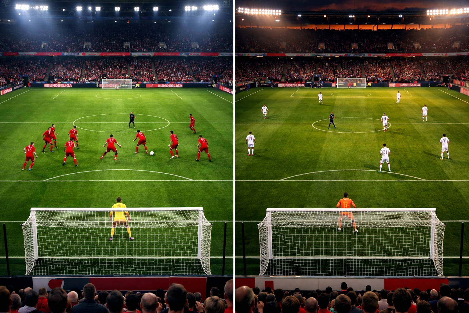 Vergleich defensive Formationen im Bundesliga-Stadion: organisiertes vs. anfälliges Pressing