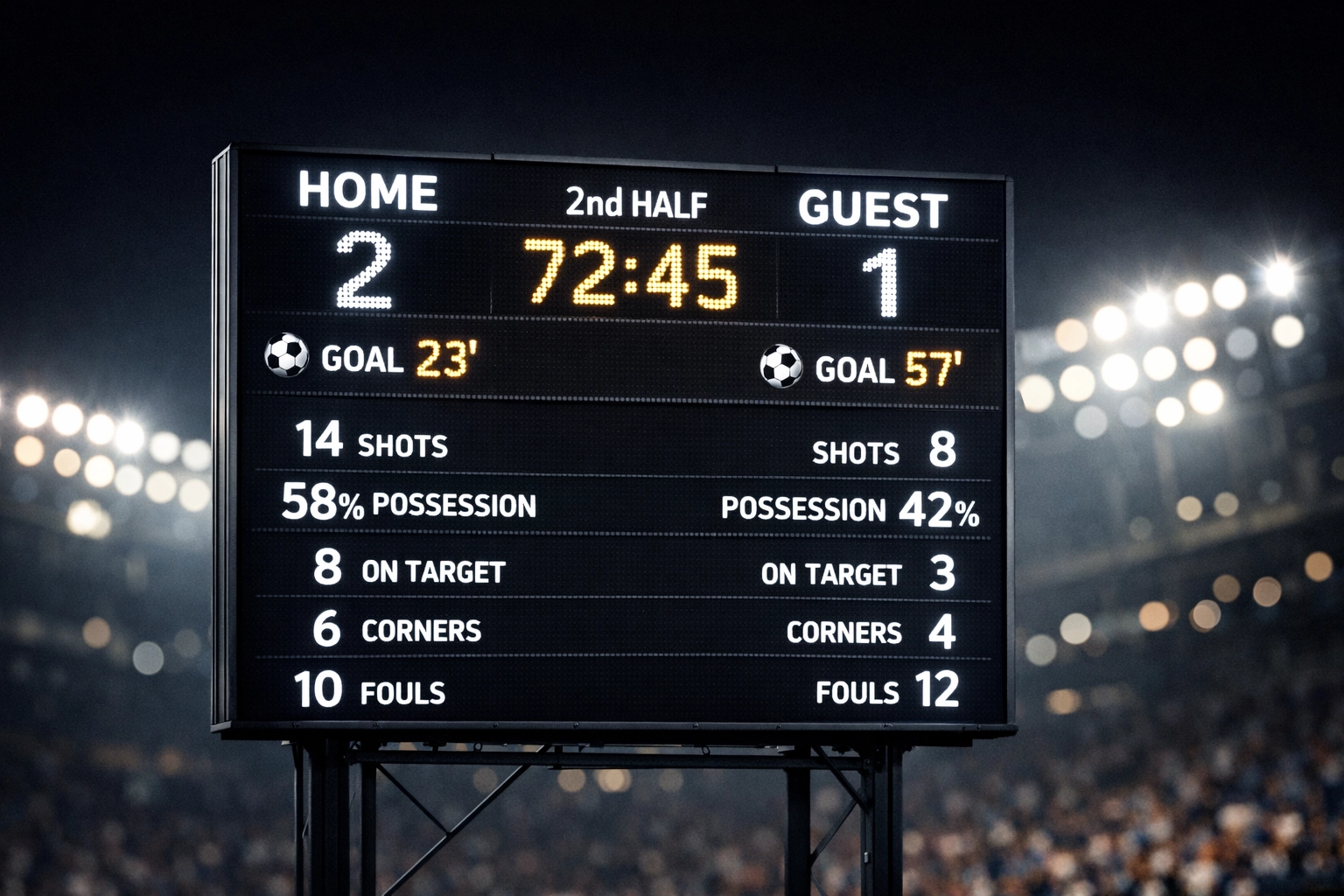 Stadion-Anzeigetafel mit Spielstatistiken und Torindikatoren für BTTS-Analyse