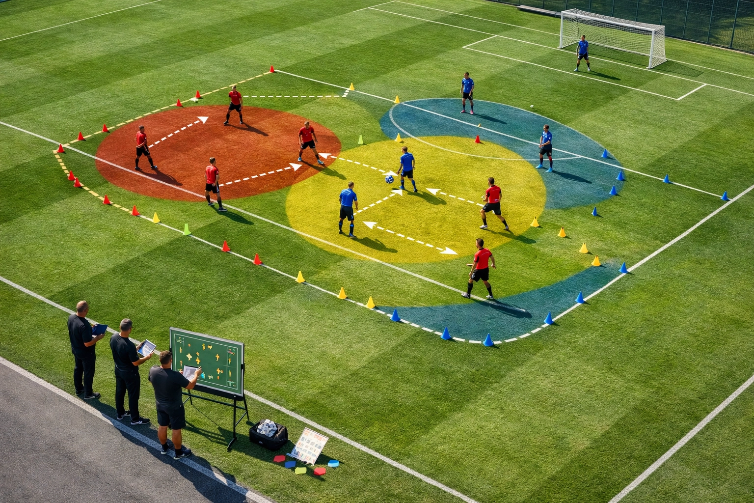 Taktisches Training für Pressing-Formationen auf professionellem Fußballplatz