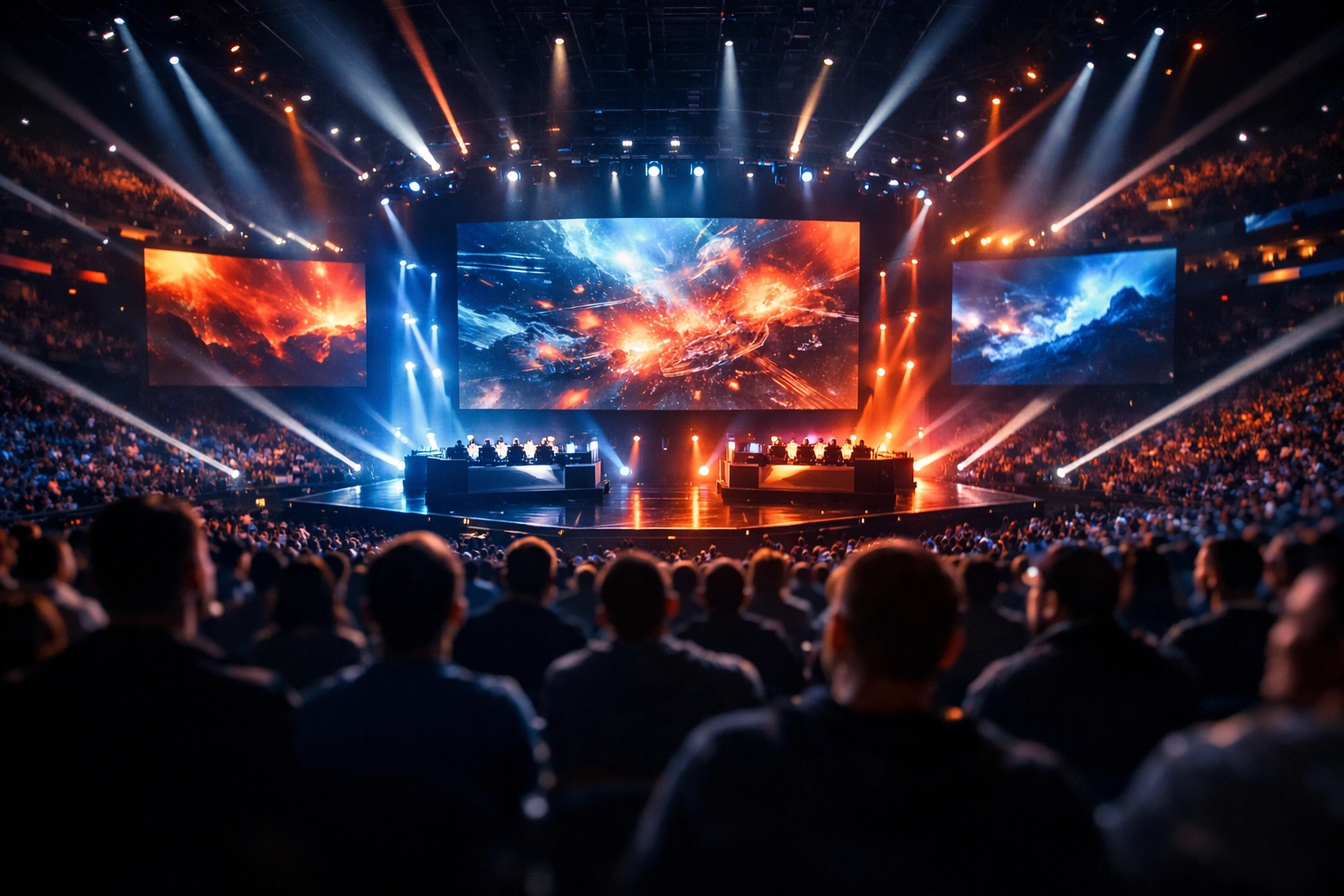 E-Sports Arena bei einem Best-of-5 Finale für tiefe Sportwetten Analysen.