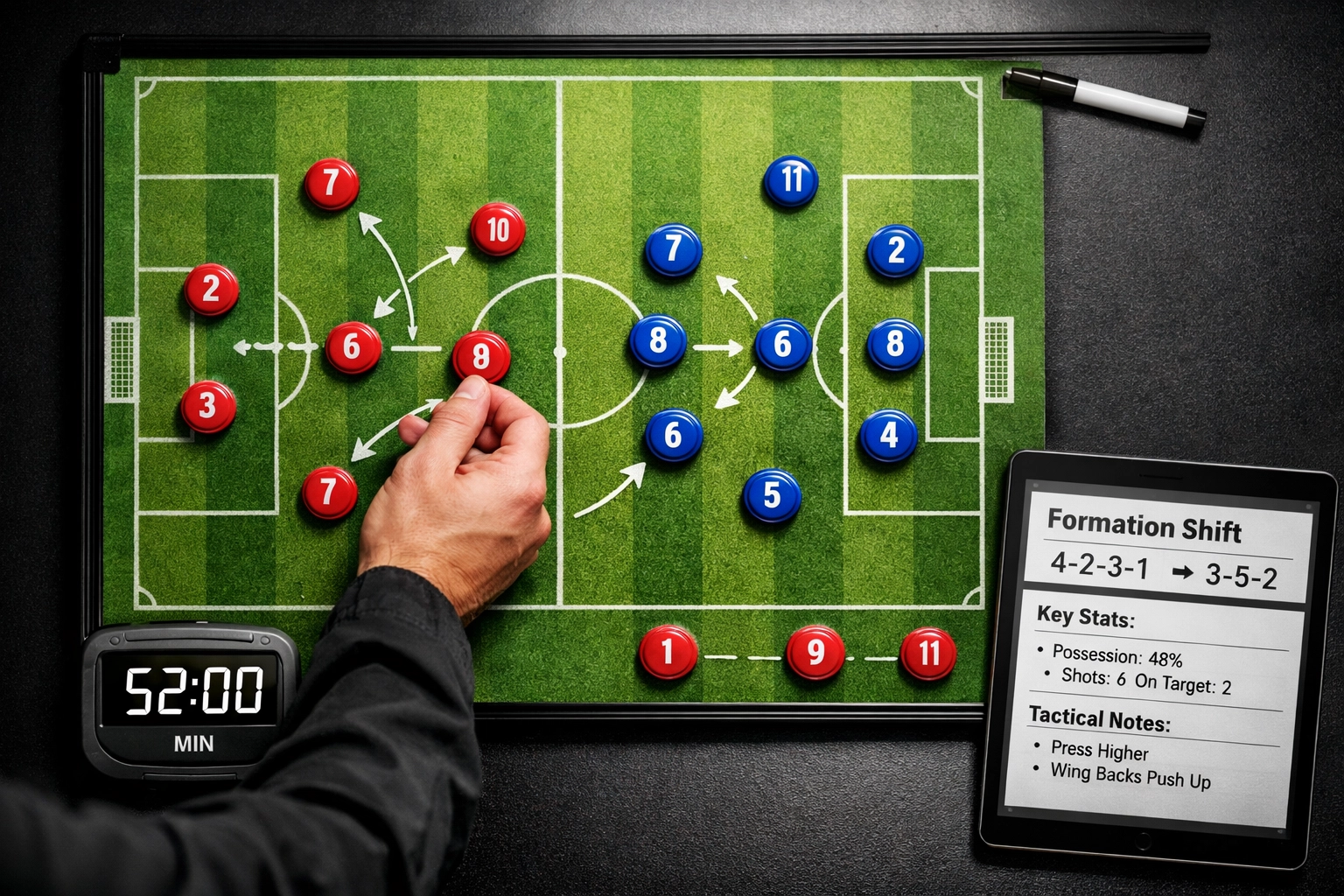 Bundesliga Trainer passt taktische Formation auf dem Taktikboard an