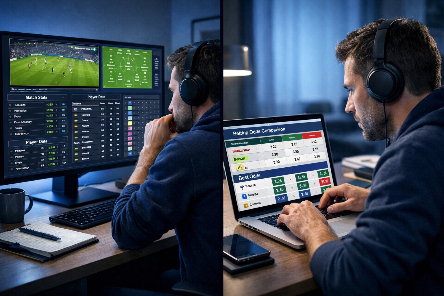 Sportwetter analysiert Fußballstatistiken und Quoten am Computer für fundierte Wettentscheidungen