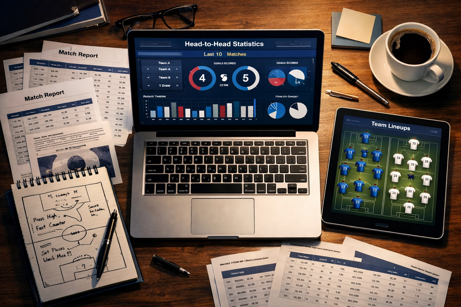 Fußball Statistiken Analyse am Laptop mit historischen Spielvergleichen und taktischen Notizen