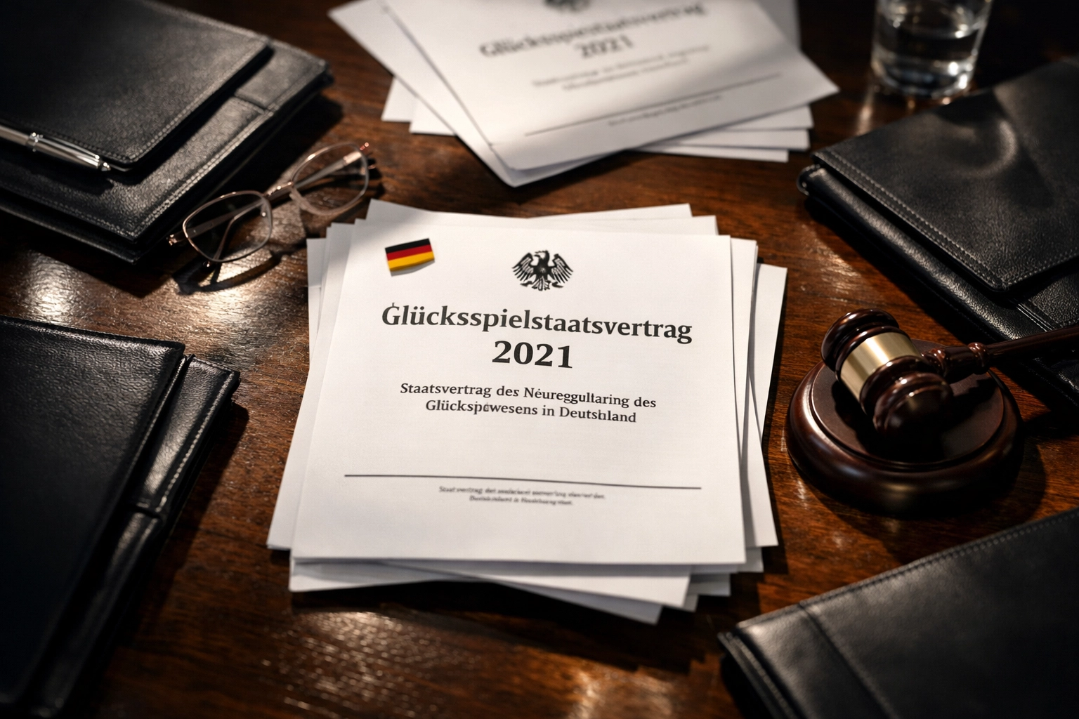 Offizielle Dokumente zum Glücksspielstaatsvertrag 2021 auf Konferenztisch deutscher Behörden