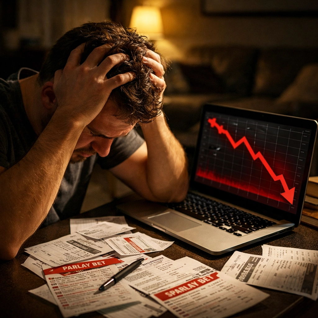 Frustrierter Sportwetter am Laptop nach Verlusten - emotionales Wetten vermeiden