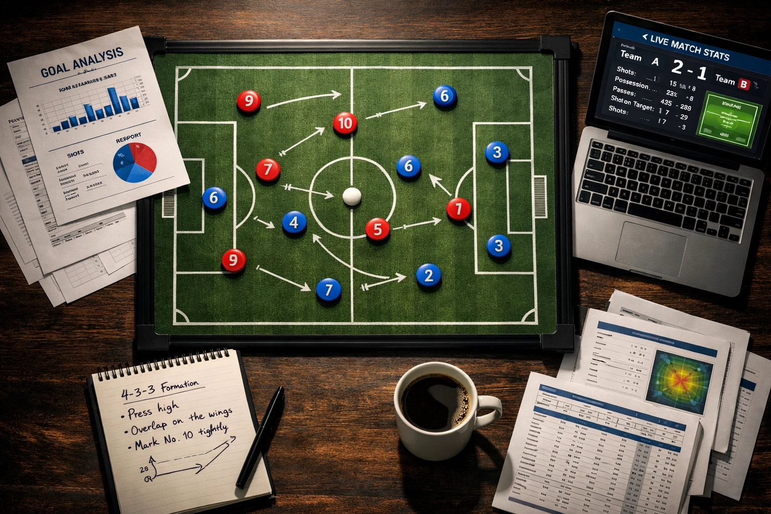 Fußball-Analyseboard mit Torstatistiken und taktischen Notizen für Over 2.5 Strategie
